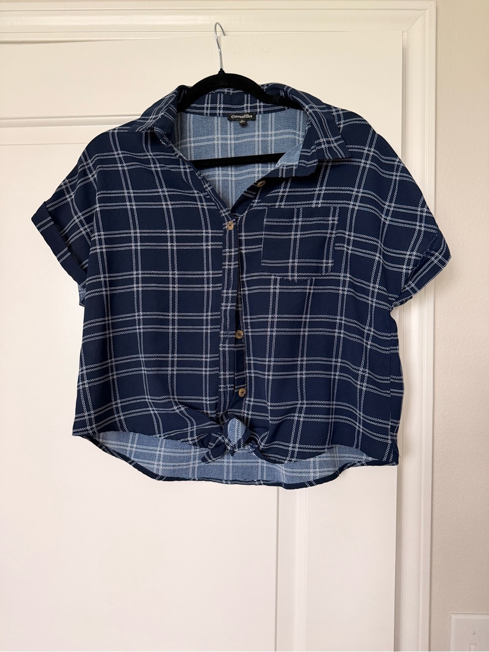 Navy Plaid Short-Sleeve Button Front Blouse with Front Tie